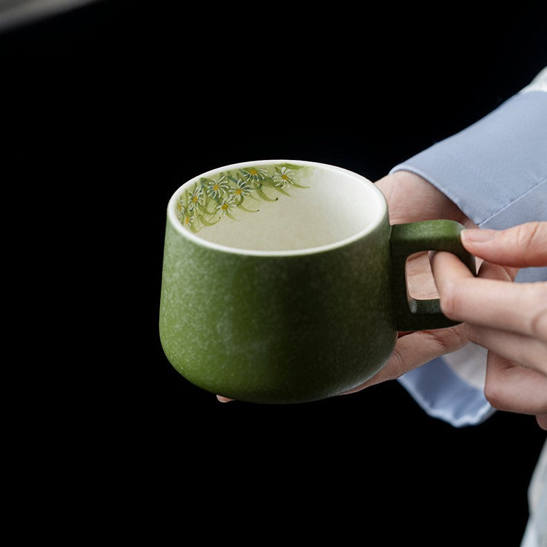 Hand-Painted Daisy Ceramic Coffee Cup with Handle
