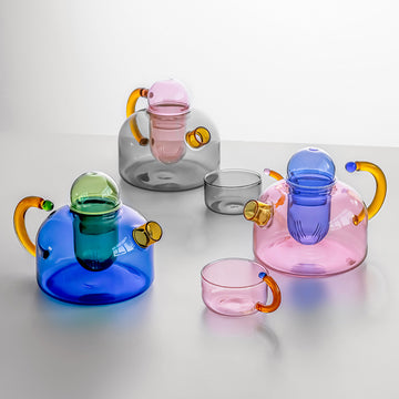 Color-Block Glass Teapot & Tea Cup Set