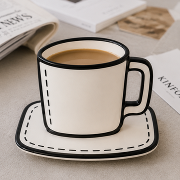 2D Comic Style Ceramic Coffee Cup & Saucer Set – 320ml