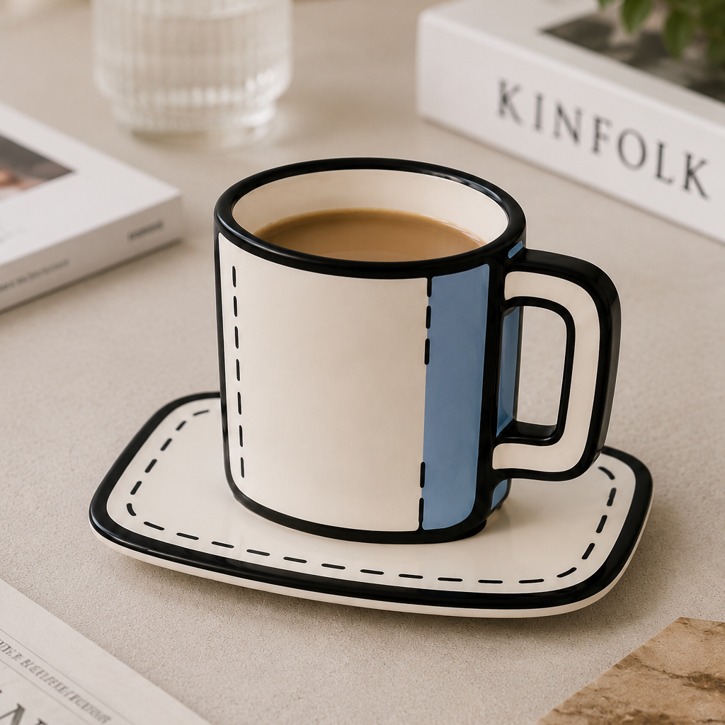 2D Comic Style Ceramic Coffee Cup & Saucer Set – 320ml