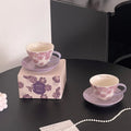 Purple floral ceramic tea cup and saucer set with matching gift box, elegant tableware for morning rituals