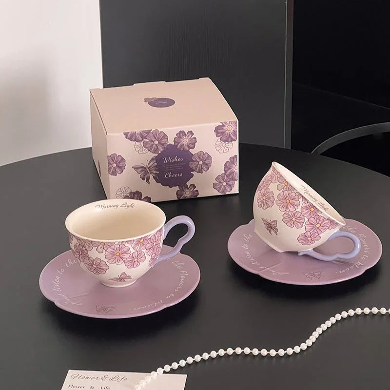Floral ceramic tea cup and saucer set with matching gift box, delicate purple flowers and butterflies design